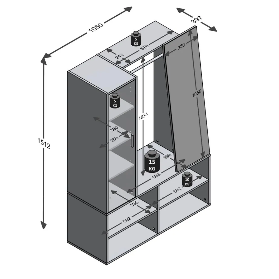 Penderie 1 porte 1 miroir 4 cases AUMA 1 blanc