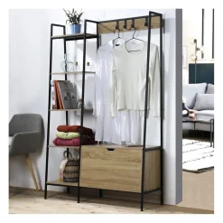 Penderie 5 Étagères avec coffre à chaussures et patères en Bois Beige