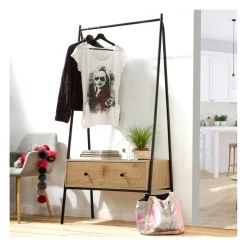 Penderie en métal Noir avec 1 Tiroir décor Chêne