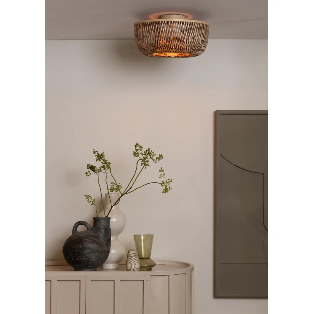 Plafonnier Barbados bambou abat-jour demi-rond naturel-marron