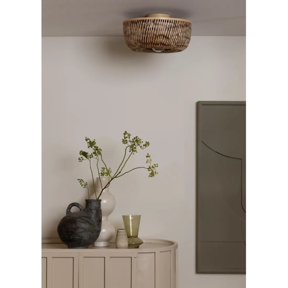 Plafonnier Barbados bambou abat-jour demi-rond naturel-marron