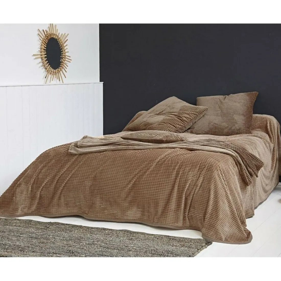 Plaid ou jeté de canapé et jetés tuftés velours - Beige