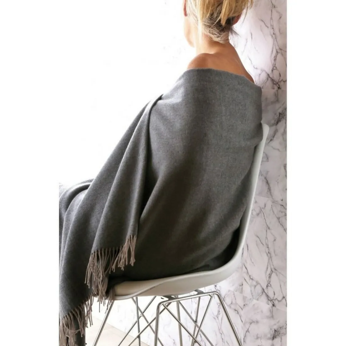 Plaid uni laine vierge mérinos Katmandou Blanc Des Vosges - Gris Anthracite