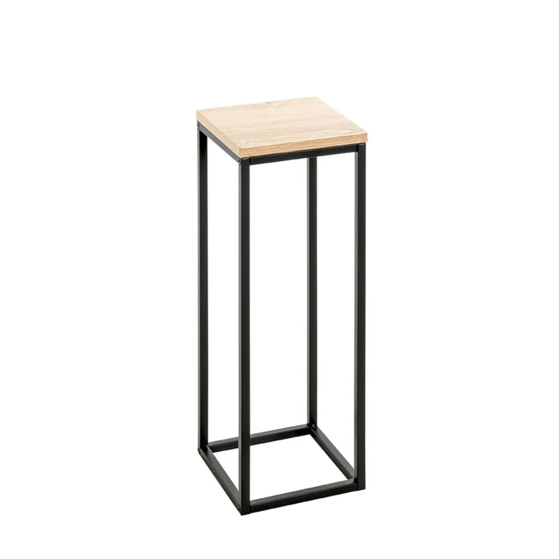 Porte plante en métal noir et plateau décor chêne h54 cm