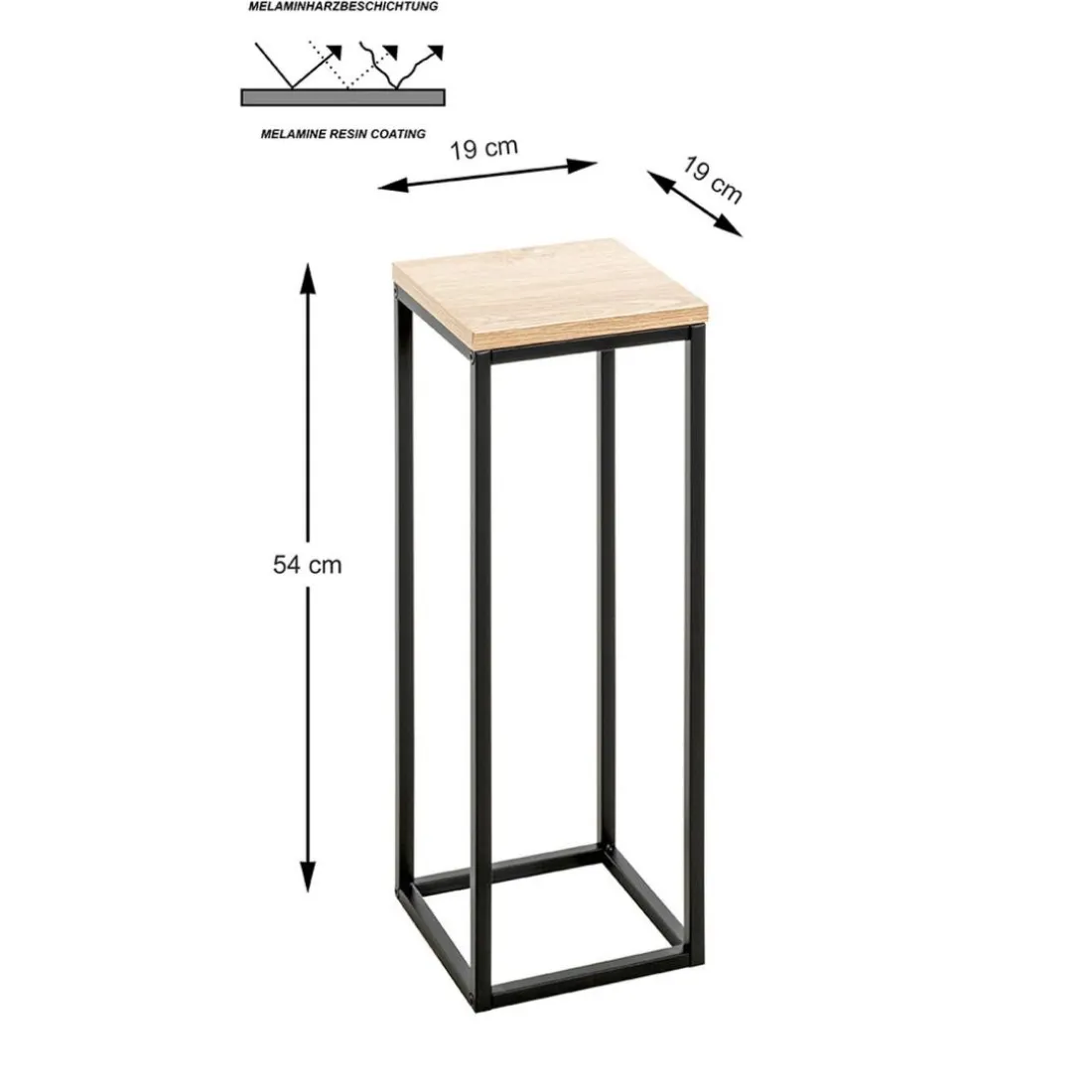 Porte plante en métal noir et plateau décor chêne h54 cm