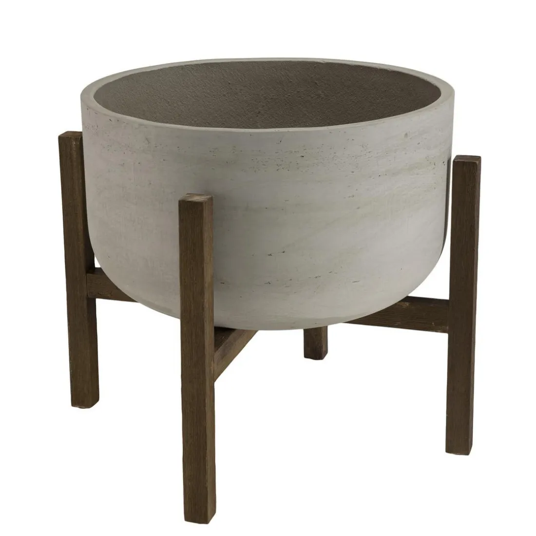 Pot de fleur rond en béton sur pieds en acacia marron HECTOR