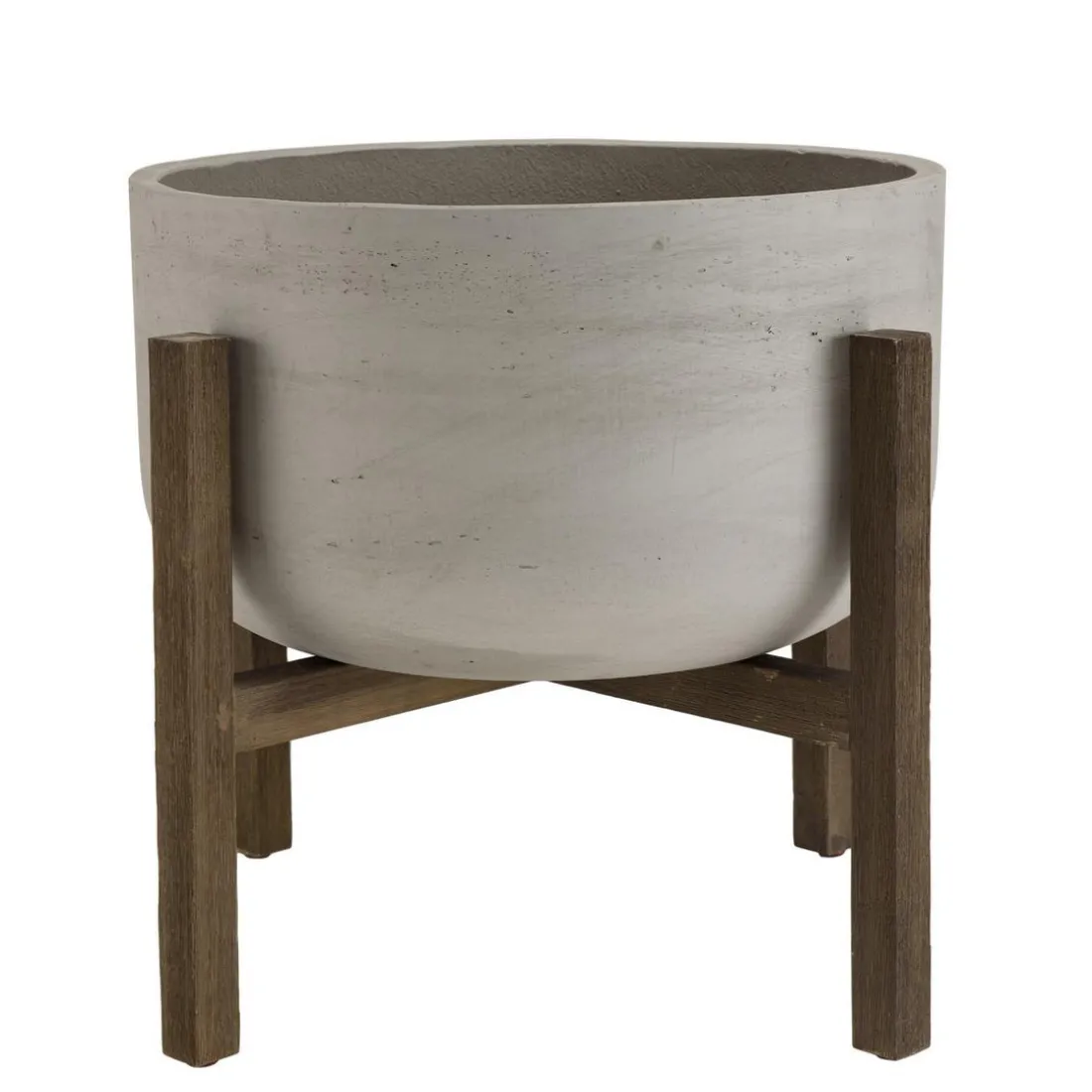 Pot de fleur rond en béton sur pieds en acacia marron HECTOR