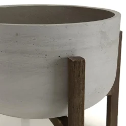 Pot de fleur rond en béton sur pieds en acacia marron HECTOR