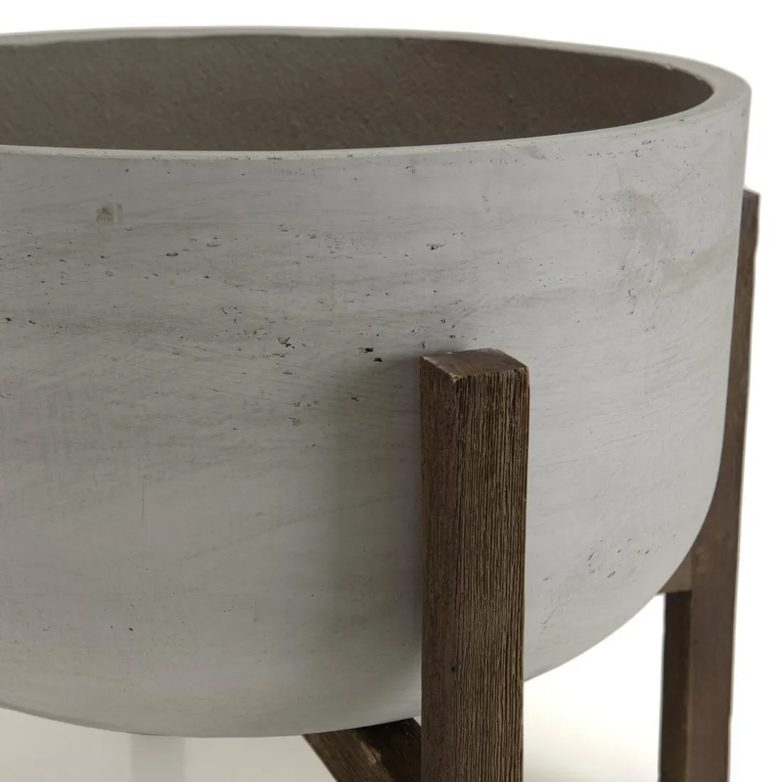 Pot de fleur rond en béton sur pieds en acacia marron HECTOR