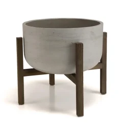 Pot de fleur rond en béton sur pieds en acacia marron HECTOR