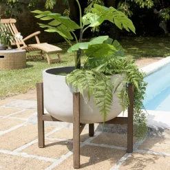 Pot de fleur rond en béton sur pieds en acacia marron HECTOR