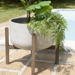 Pot de fleur rond en béton sur pieds en acacia marron HECTOR
