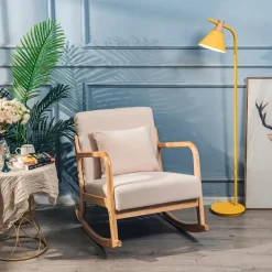 Rocking chair en bois massif et en tissu de couleur beige