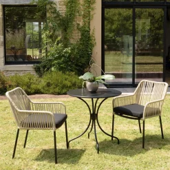 Salon de jardin 2 personnes Table ronde 70x70cm et 2 fauteuils beiges et noirs en cordage