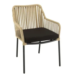 Salon de jardin 2 personnes Table ronde 70x70cm et 2 fauteuils beiges et noirs en cordage