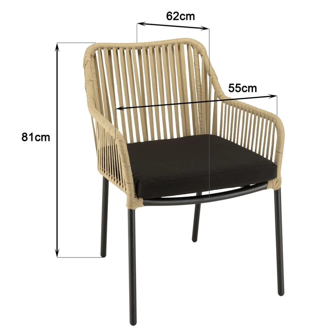 Salon de jardin 2 personnes Table ronde 70x70cm et 2 fauteuils beiges et noirs en cordage