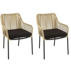 Salon de jardin 2 personnes Table ronde 70x70cm et 2 fauteuils beiges et noirs en cordage