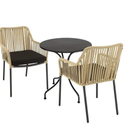 Salon de jardin 2 personnes Table ronde 70x70cm et 2 fauteuils beiges et noirs en cordage