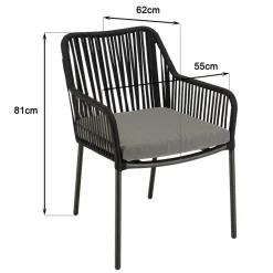 Salon de jardin 2 personnes Table carrée et 2 fauteuils gris et noirs en cordage