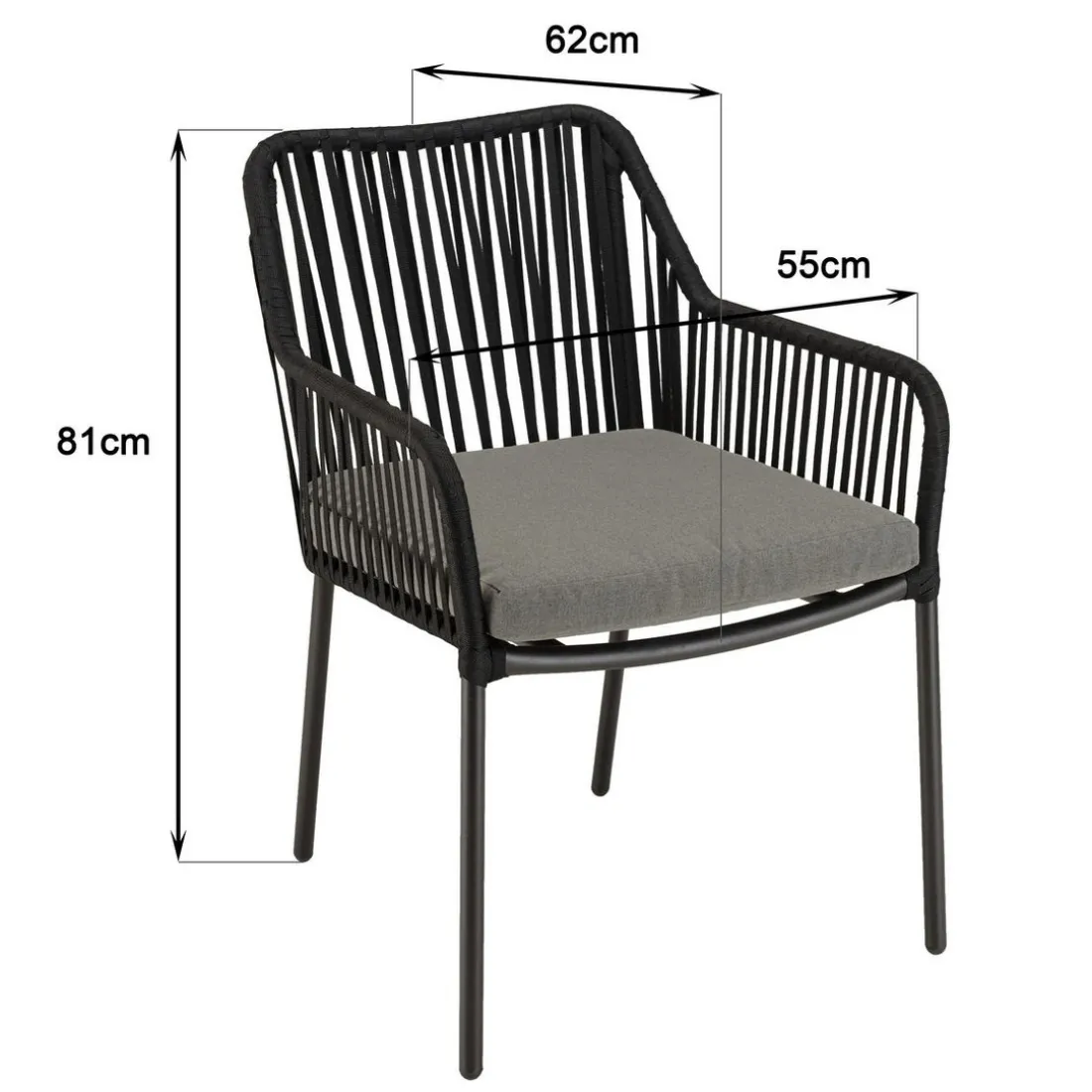 Salon de jardin 2 personnes Table carrée et 2 fauteuils gris et noirs en cordage