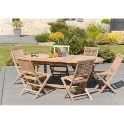 SALON DE JARDIN EN BOIS TECK 6/8 pers : Ensemble de jardin : 1 table ovale extensible 150*200/90cm et 6 chaises