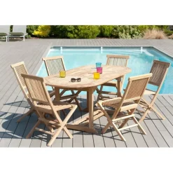 SALON DE JARDIN EN BOIS TECK 6/8 pers : Ensemble de jardin : 1 table ovale extensible 150*200/90cm et 6 chaises