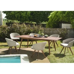 SALON DE JARDIN EN BOIS ACACIA 8/10 pers - Ensemble de jardin - 1 Table rectangulaire extensible 180/240*100 cm et 6 fauteuils en rotin synthétique couleur naturelle