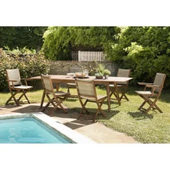 SALON DE JARDIN EN BOIS ACACIA 8/10 pers - Ensemble de jardin- 1 Table rectangulaire extensible 180/240*100 cm 4 chaises 2 fauteuils pliants acacia et rotin synthétique