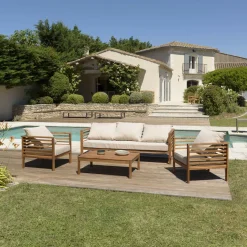 SALON DE JARDIN EN BOIS ACACIA 5 pers. - 1 Canapé 3 places, 2 fauteuils et 1 table basse rectangulaire 100 x 60 cm