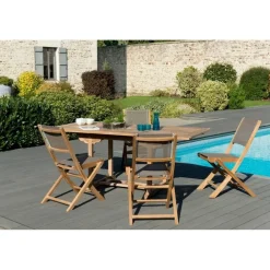 SALON DE JARDIN EN BOIS TECK 4/6 pers - Ensemble de jardin - 1 Table rectangulaire extensible 120/180*90 cm - 4 chaises taupe