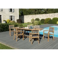 SALON DE JARDIN EN BOIS TECK 8/10 pers - Ensemble de jardin - 1 Table rectangulaire extensible 180/240*100 cm - 6 fauteuils empilables taupe