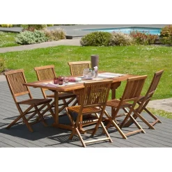 SALON DE JARDIN EN BOIS TECK HUILE 4/6 pers : Ensemble de jardin - 1 Table rectangulaire extensible 120*180/90 cm et 6 chaises