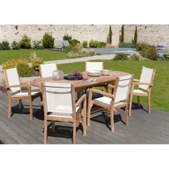 SALON DE JARDIN EN BOIS TECK 8/10 pers : Ensemble de jardin - 1 Table ovale extensible 180*240/100cm et 6 fauteuils textilène