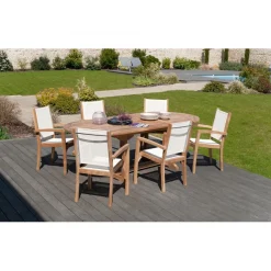 SALON DE JARDIN EN BOIS TECK 8/10 pers : Ensemble de jardin - 1 Table ovale extensible 180*240/100cm et 6 fauteuils textilène