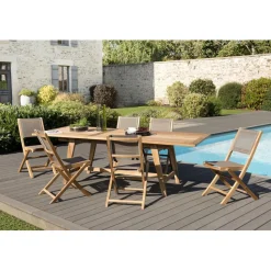 SALON DE JARDIN EN BOIS TECK 8/10 pers -Ensemble de jardin - 1 Table rectangulaire extensible 180*240/100 cm et 6 chaises textilène taupe