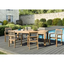 SALON DE JARDIN EN BOIS TECK 6/8 pers -Ensemble de jardin -1 Table rectangulaire 220*100 cm et 6 fauteuils empilables textilène