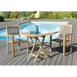 SALON DE JARDIN EN BOIS TECK 2 pers - Ensemble de jardin - 1 Table carrée pliante 70 cm et 2 fauteuils empilables textilène taupe