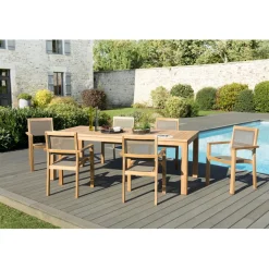 SALON DE JARDIN EN BOIS TECK 6/8 pers : Ensemble de jardin - 1 Table rectangulaire 220*100 cm et 6 fauteuils empilables taupe
