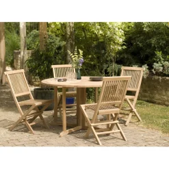SALON DE JARDIN EN BOIS TECK 4/6 pers : Ensemble de jardin - 1 Table ronde à rabats papillon diam 120 cm et 4 chaises