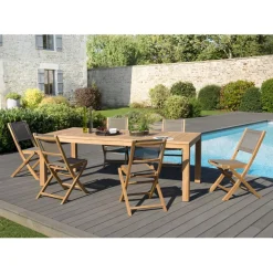 SALON DE JARDIN EN BOIS TECK 6/8 personnes - Ensemble de jardin - 1 Table rectangulaire 220*100 cm et 6 chaises textilène taupe