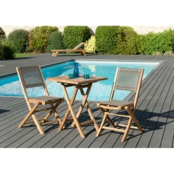 SALON DE JARDIN EN BOIS TECK 2 pers - Ensemble de jardin - 1 Table carrée pliante 60 cm et 2 chaises textilène couleur taupe.