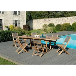 SALON DE JARDIN EN BOIS TECK 8/10 pers - Ensemble de jardin - 1 Table rectangulaire extensible 180/240*100 cm et 6 chaises taupe