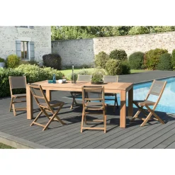 SALON DE JARDIN EN BOIS TECK 6/8 pers - Ensemble de jardin . 1 Table rectangulaire 220*100 cm et 6 chaises textilène taupe