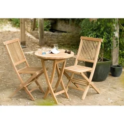 SALON DE JARDIN EN BOIS TECK 2 personnes : Ensemble de jardin - 1 Table ronde pliante 60 cm et 2 chaises