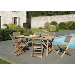 SALON DE JARDIN EN BOIS TECK 6/8 pers - Ensemble de jardin-1 Table rectangulaire 180*90 cm avec 6 chaises textilène taupe