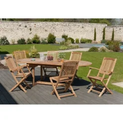 SALON DE JARDIN EN BOIS TECK 8/10 pers - Ensemble de jardin - 1 Table ovale extensible 180*240/100 cm 4 chaises et 2 fauteuils