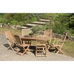 SALON DE JARDIN EN BOIS TECK 8/10 pers - Ensemble de jardin - 1 Table ovale extensible 180*240/100 cm 4 chaises et 2 fauteuils
