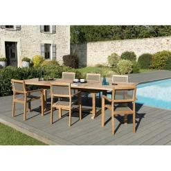 SALON DE JARDIN EN BOIS TECK 10/12 pers - Ensemble de jardin - 1 Table rectangulaire extensible 200/300*120 cm 6 fauteuils empilables textilène taupe