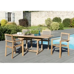 SALON DE JARDIN EN BOIS TECK 4/6 pers - Ensemble de jardin -1 Table rectangulaire extensible 120/180*90 cm - 4 fauteuils empilables taupe