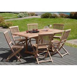 SALON DE JARDIN EN BOIS TECK 4/6 pers : Ensemble de jardin - 1 Table rectangulaire extensible 120/180*90 cm et 6 chaises